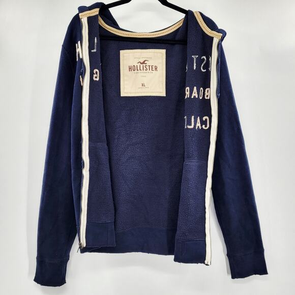 Hollister Long Boards Calif Blue Tan Script Distressed Zip Up Hoodie Men's XL - Picture 3 of 12